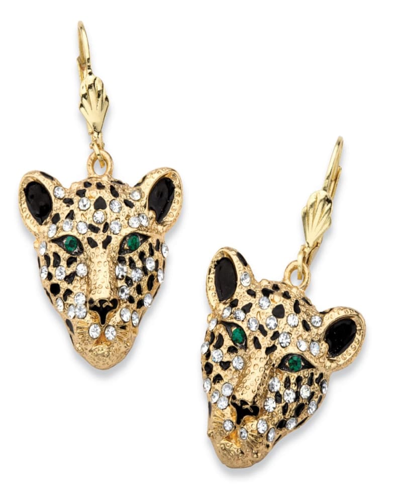 Front of a size One Size White and Green Crystal Goldtone Leopard Drop Earrings with Lever Backs in White by PalmBeach Jewelry. | dia_product_style_image_id:297179